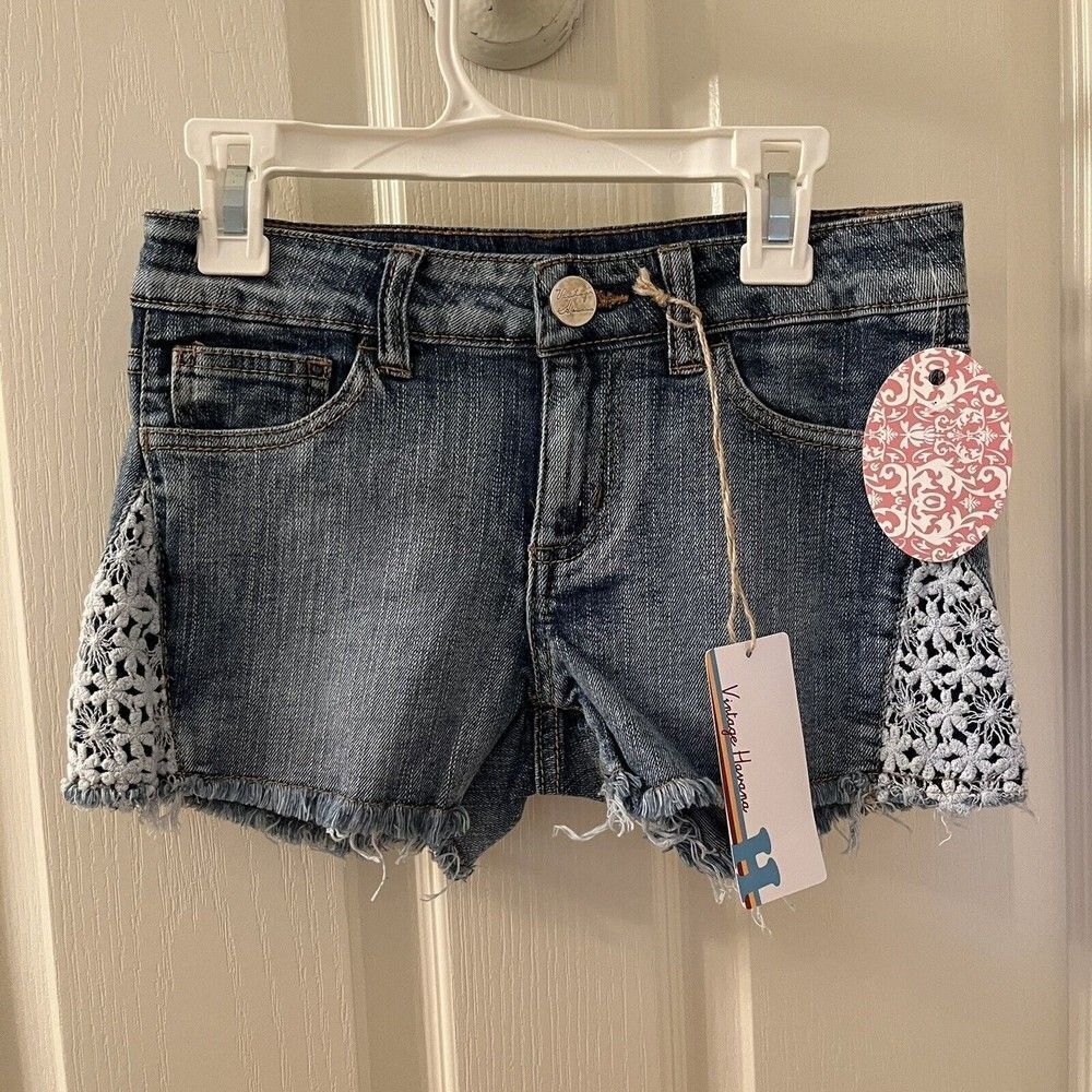 Vintage Havana Floral Crochet Leg Denim Cut-Off Shorts Girls Size 12 NWT